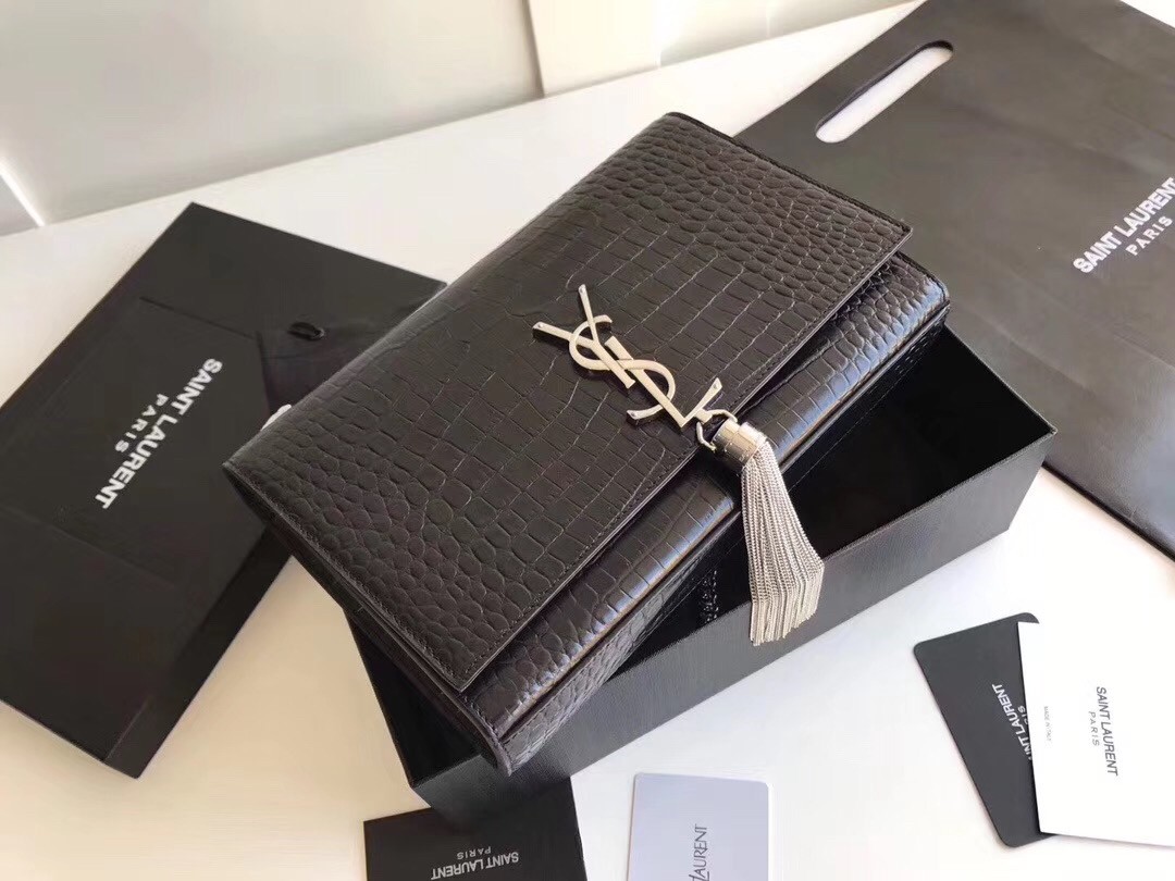 Sa**t Lau*nt medium kate bag with tassel in black croc-embossed leather