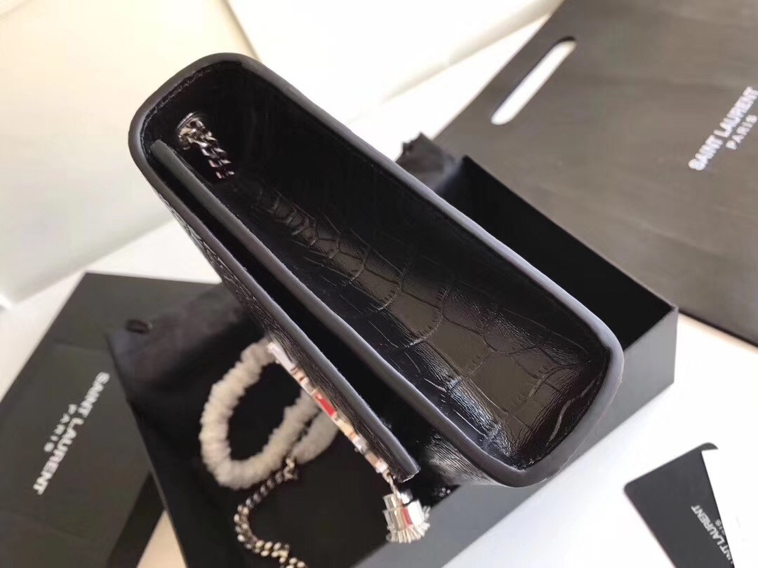 Sa**t Lau*nt medium kate bag with tassel in black croc-embossed leather