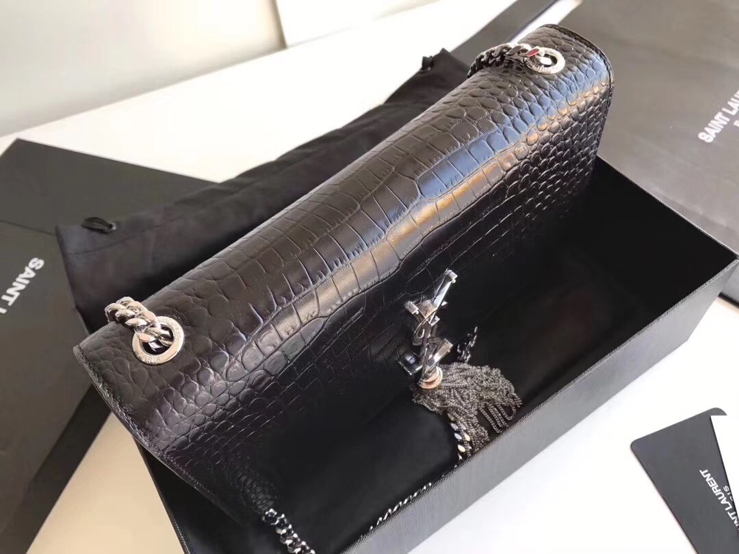 Sa**t Lau*nt medium kate bag with tassel in black croc-embossed leather