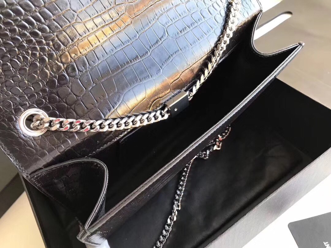 Sa**t Lau*nt medium kate bag with tassel in black croc-embossed leather