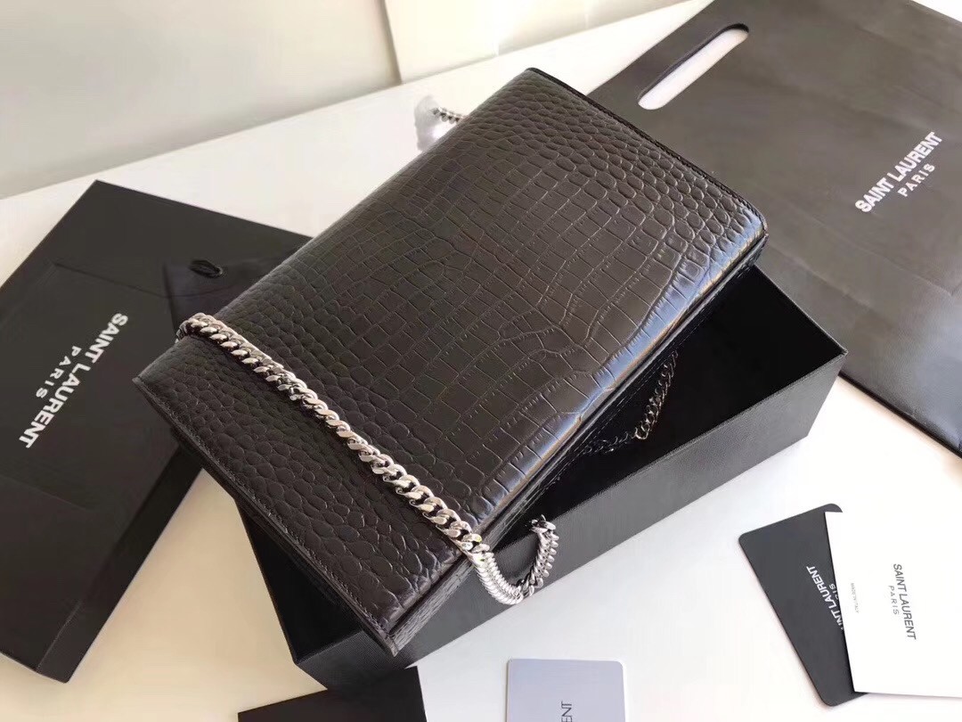 Sa**t Lau*nt medium kate bag with tassel in black croc-embossed leather