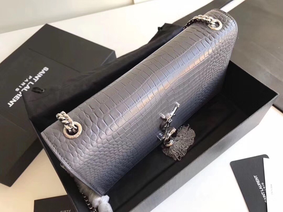 Sa**t Lau*nt medium kate bag with tassel in storm croc-embossed leather