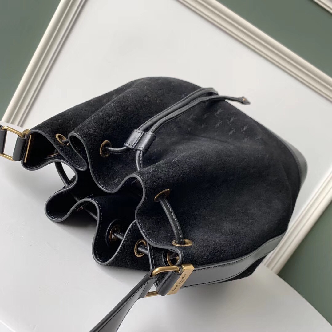 Sa**t Lau*nt monogram all over bucket bag in black suede