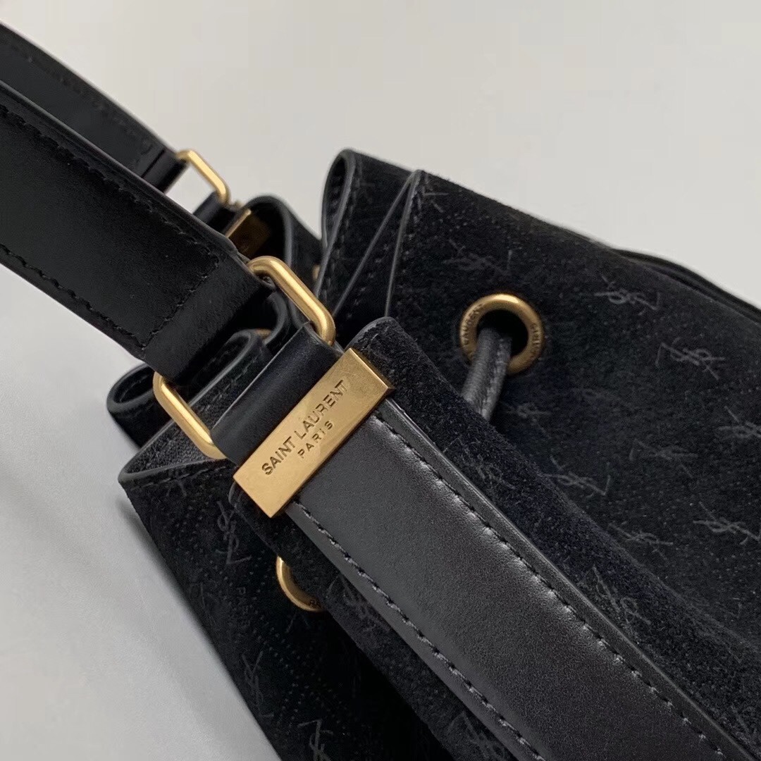 Sa**t Lau*nt monogram all over bucket bag in black suede