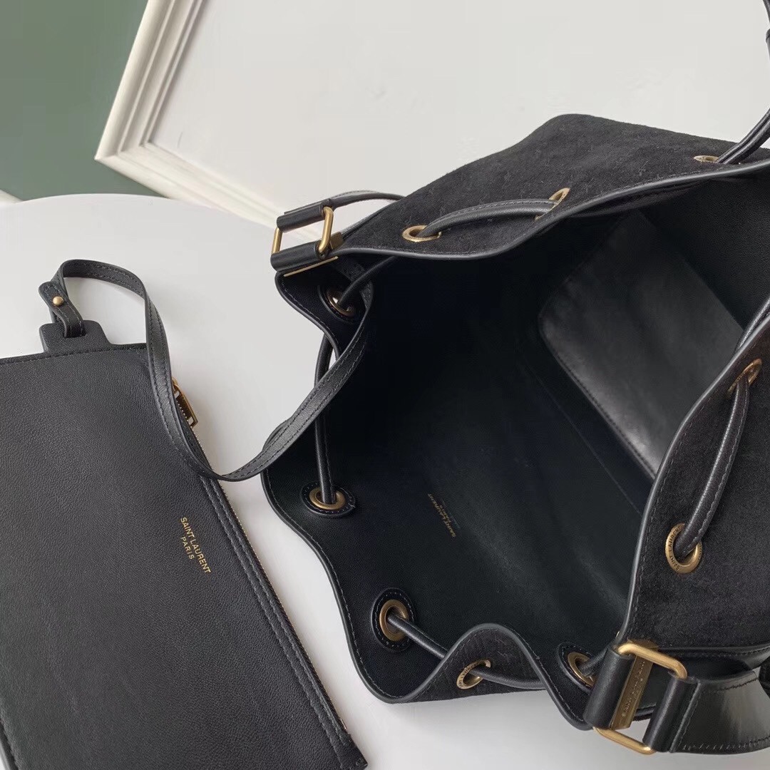Sa**t Lau*nt monogram all over bucket bag in black suede