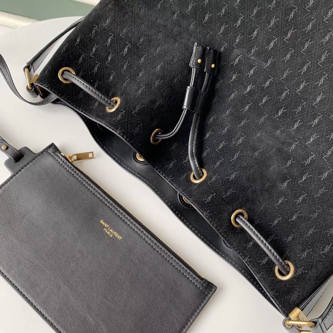 Sa**t Lau*nt monogram all over bucket bag in black suede