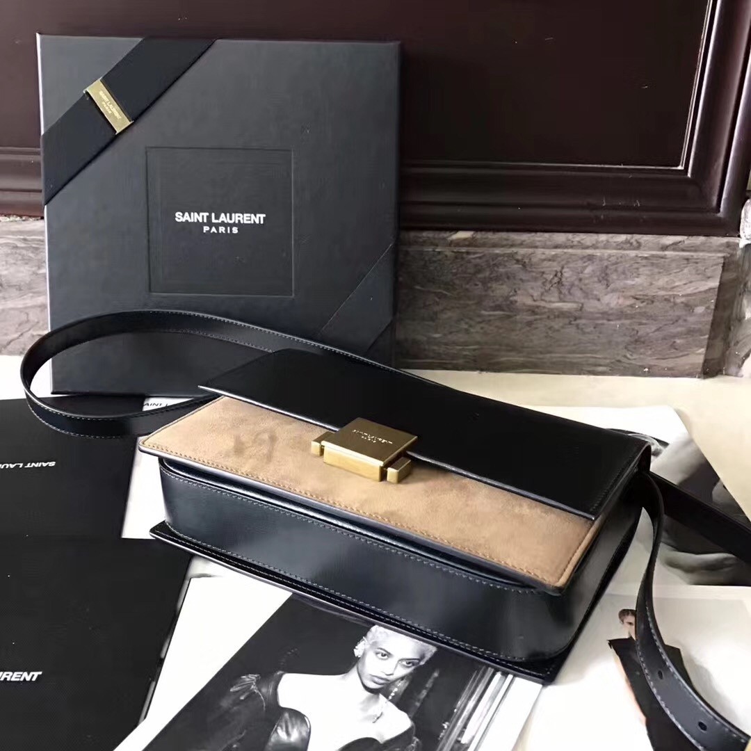 Sa**t Lau*nt medium bellechasse bag in black leather and taupe suede