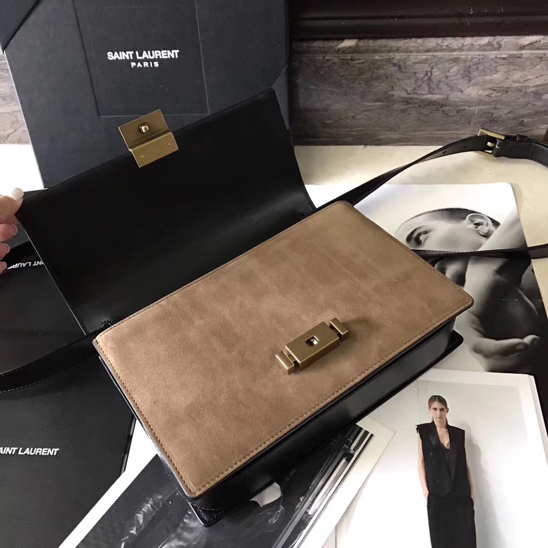 Sa**t Lau*nt medium bellechasse bag in black leather and taupe suede