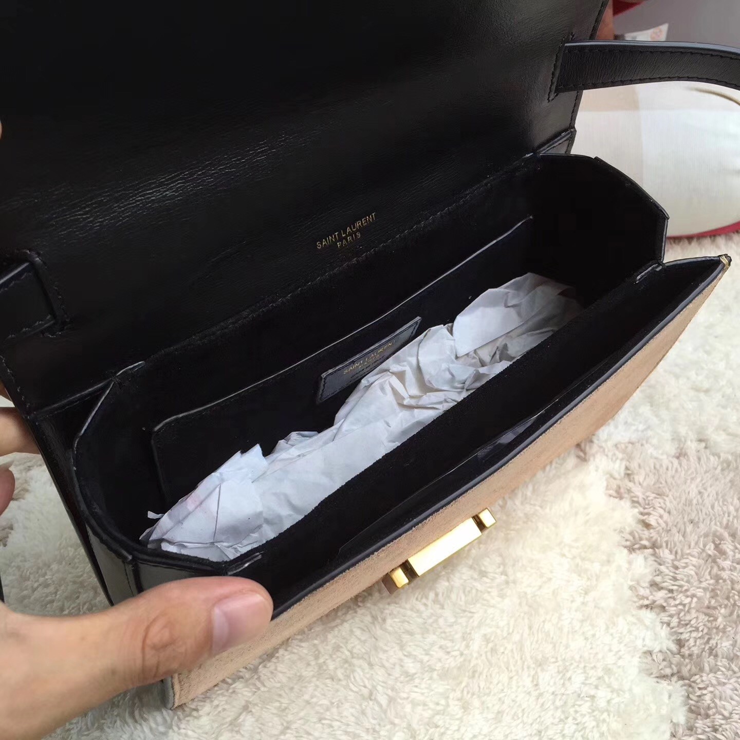 Sa**t Lau*nt medium bellechasse bag in black leather and taupe suede
