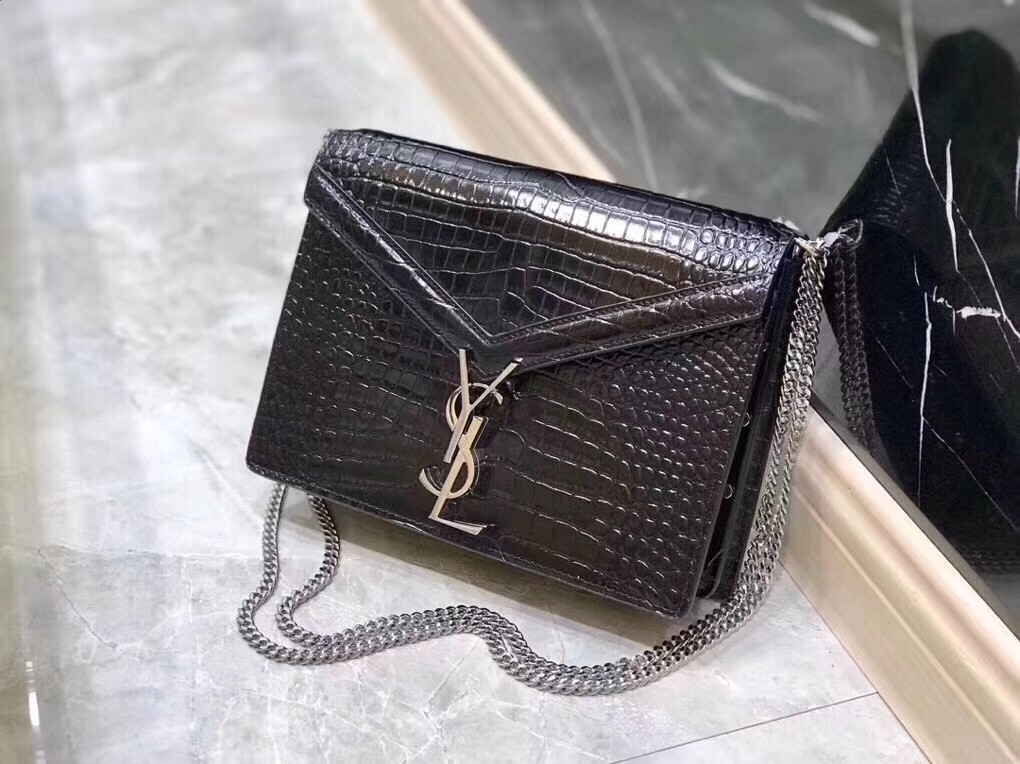 Sa**t Lau*nt cassandra clasp bag in black croc-embossed leather