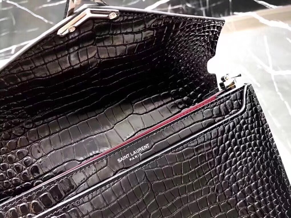 Sa**t Lau*nt cassandra clasp bag in black croc-embossed leather