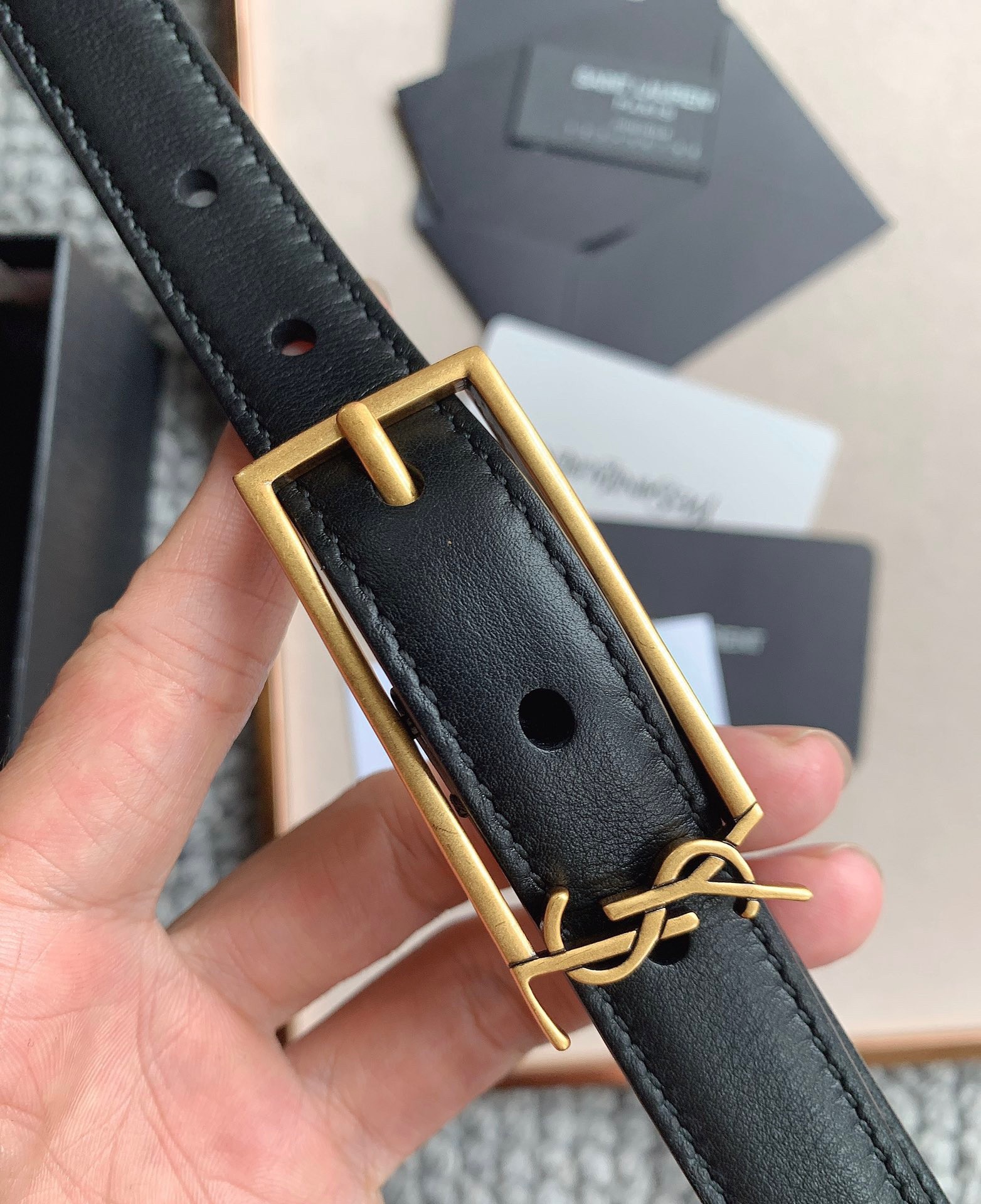 Sa**t Lau*nt new cassandre buckle belt 20mm in black leather