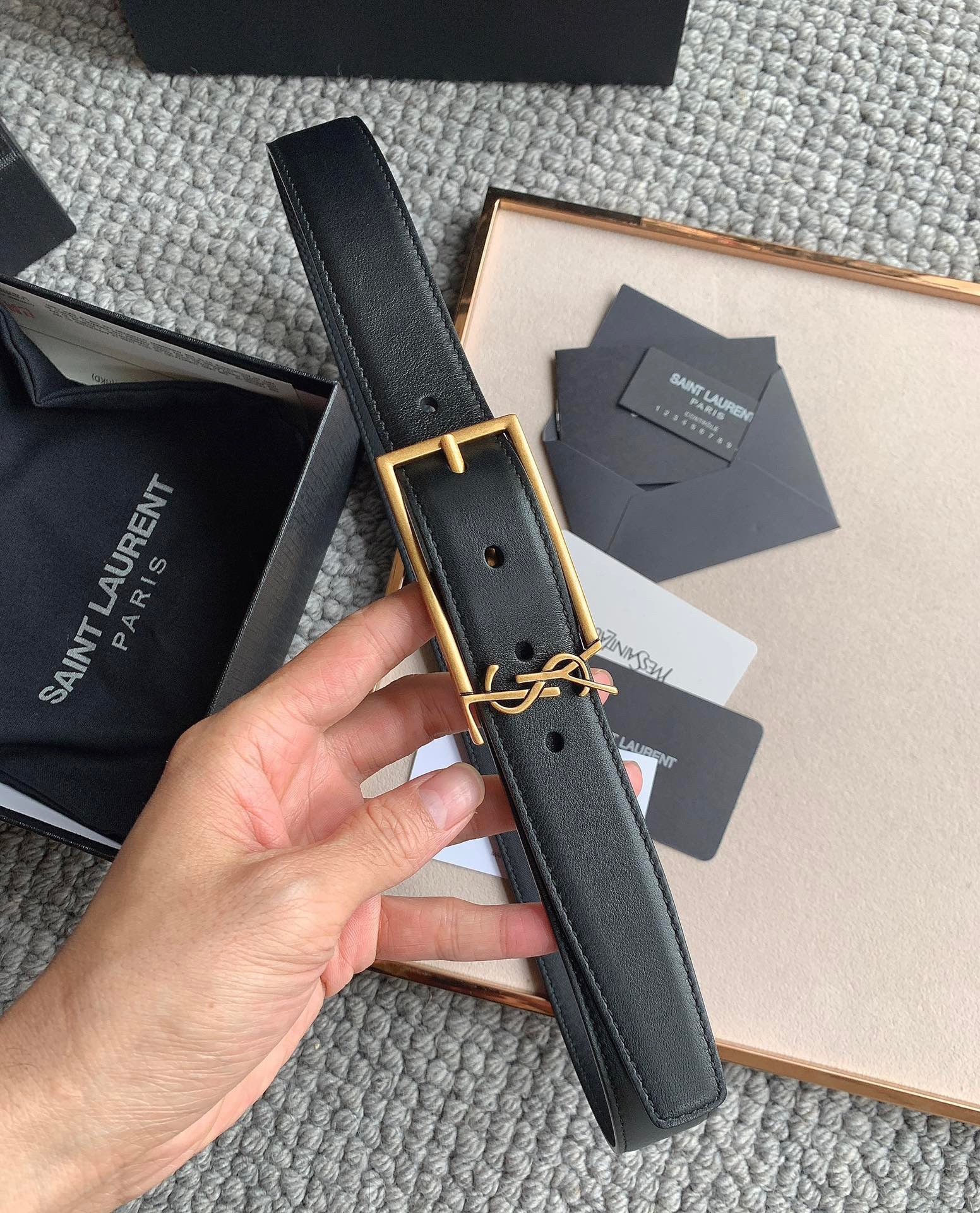 Sa**t Lau*nt new cassandre buckle belt 30mm in black leather