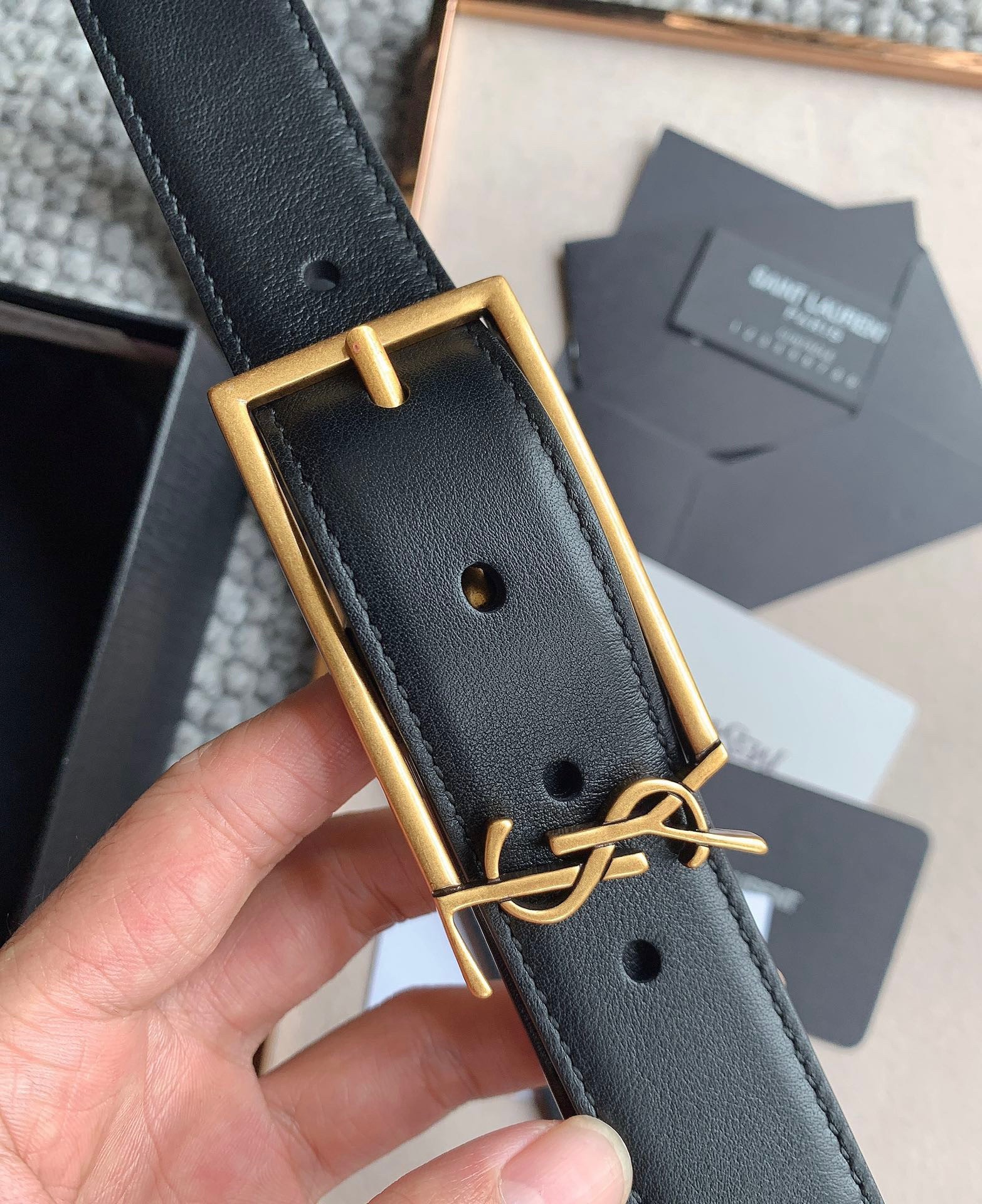 Sa**t Lau*nt new cassandre buckle belt 30mm in black leather