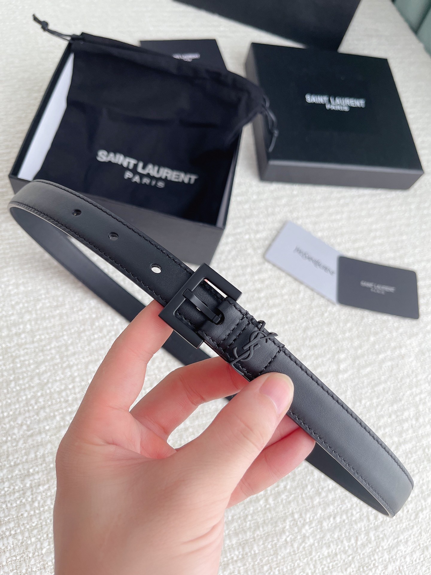 Sa**t Lau*nt cassandre square buckle belt 20mm in all black leather