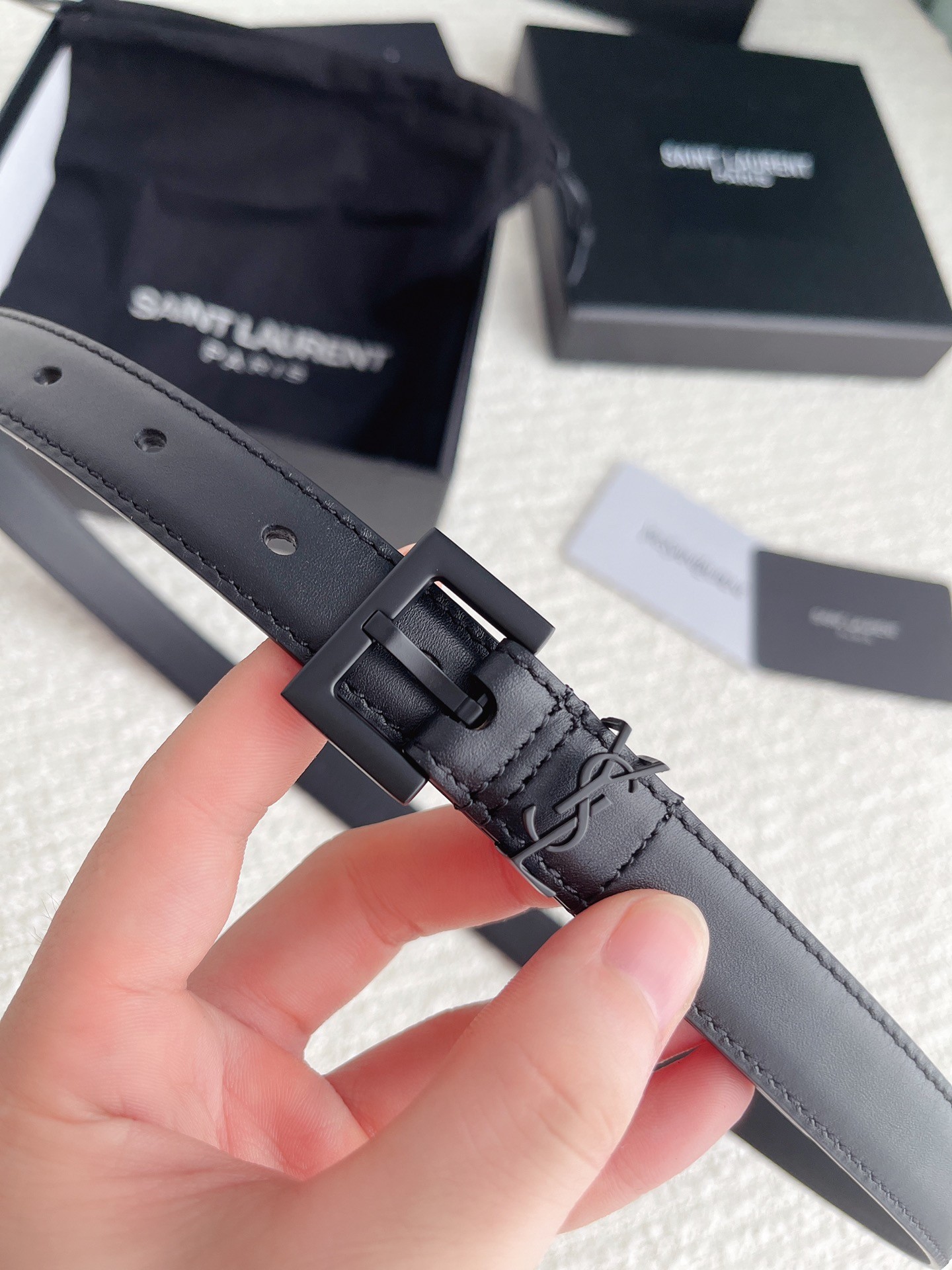 Sa**t Lau*nt cassandre square buckle belt 20mm in all black leather