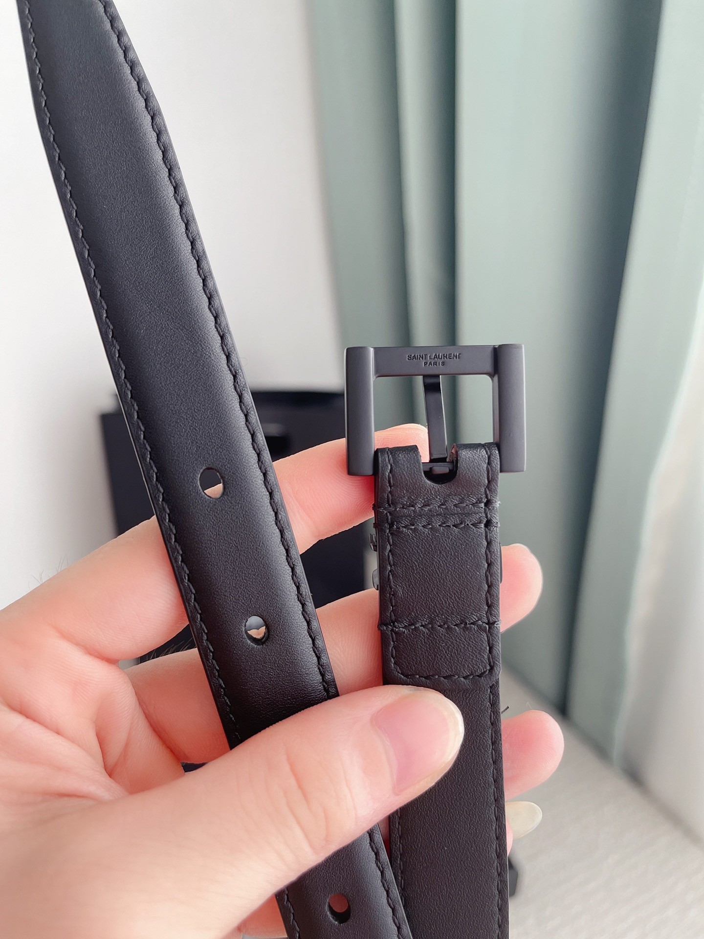 Sa**t Lau*nt cassandre square buckle belt 20mm in all black leather