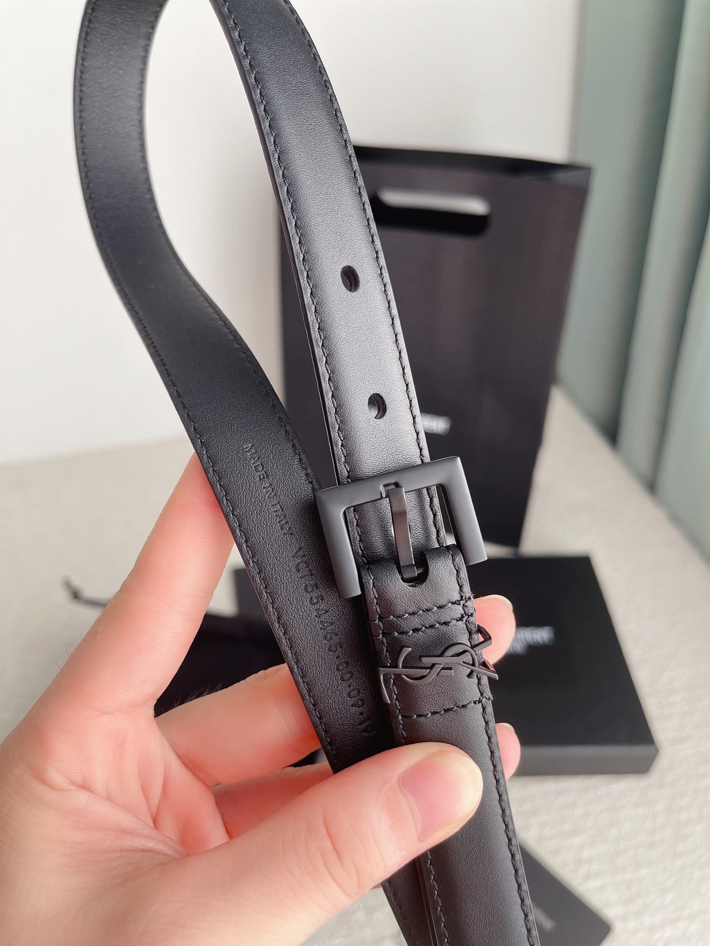 Sa**t Lau*nt cassandre square buckle belt 20mm in all black leather