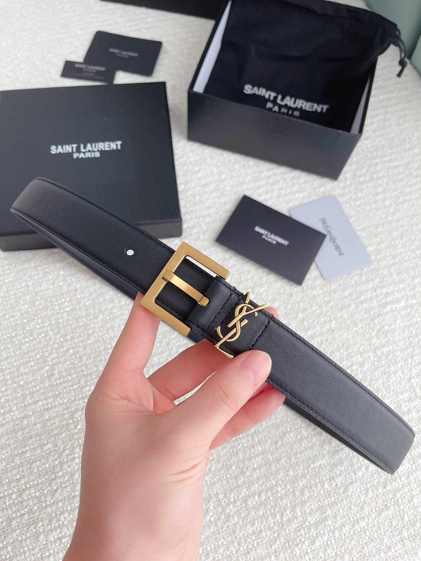 Sa**t Lau*nt cassandre square buckle belt 30mm in black leather