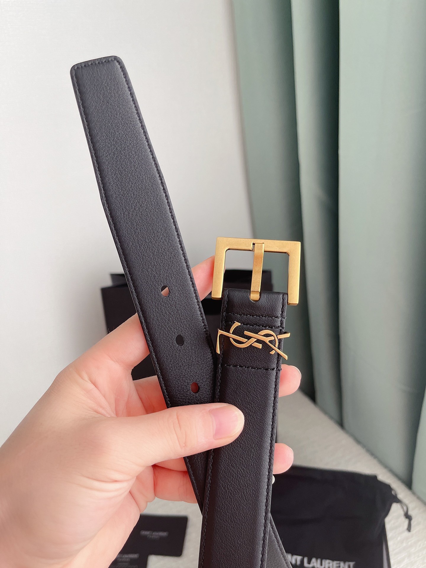 Sa**t Lau*nt cassandre square buckle belt 30mm in black leather
