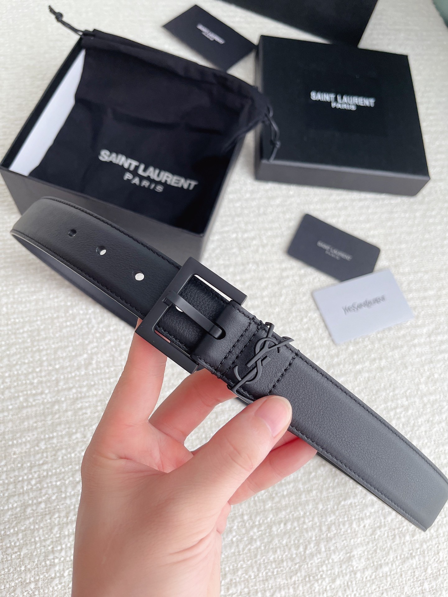 Sa**t Lau*nt cassandre square buckle belt 30mm in all black leather
