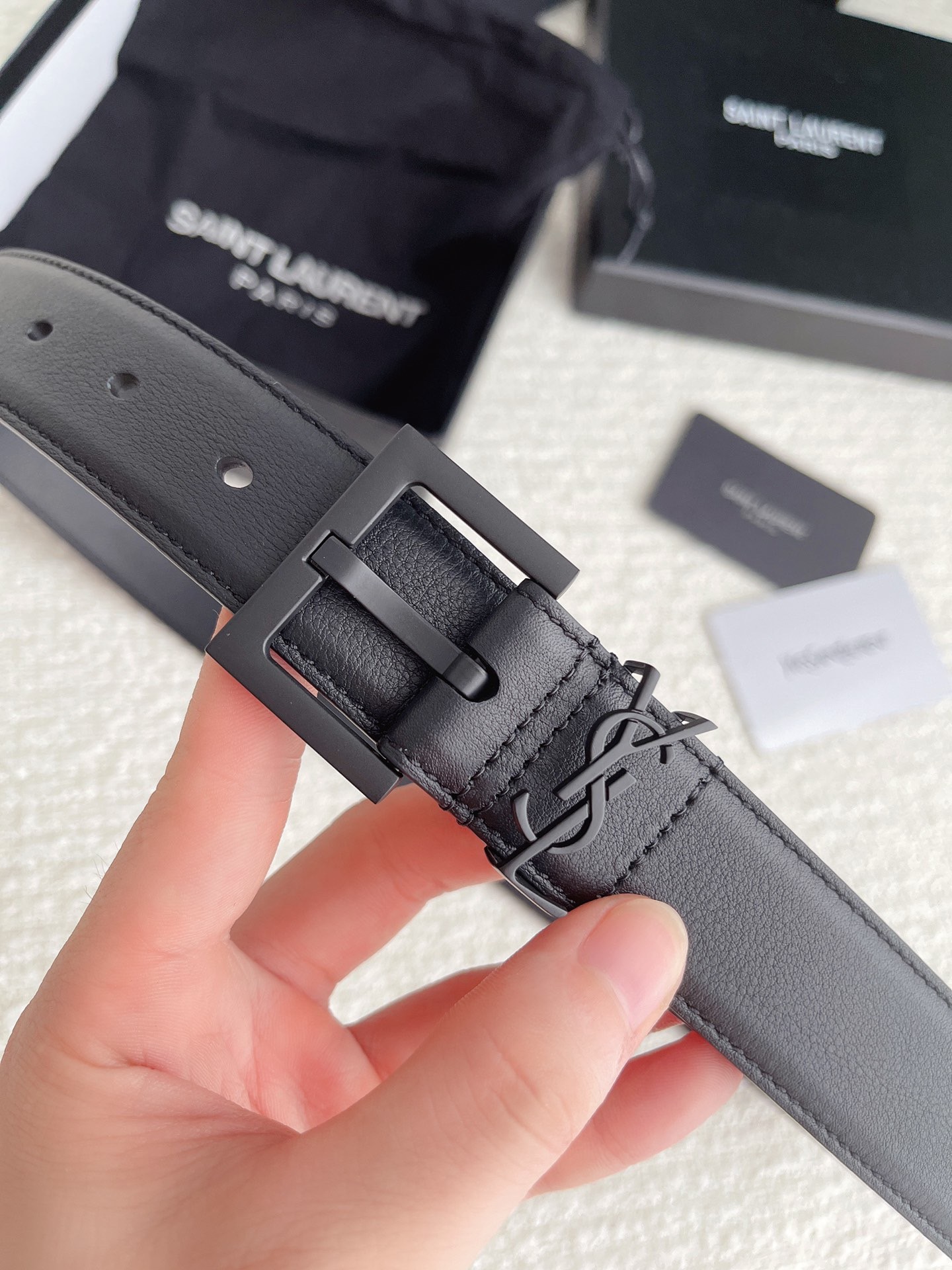 Sa**t Lau*nt cassandre square buckle belt 30mm in all black leather