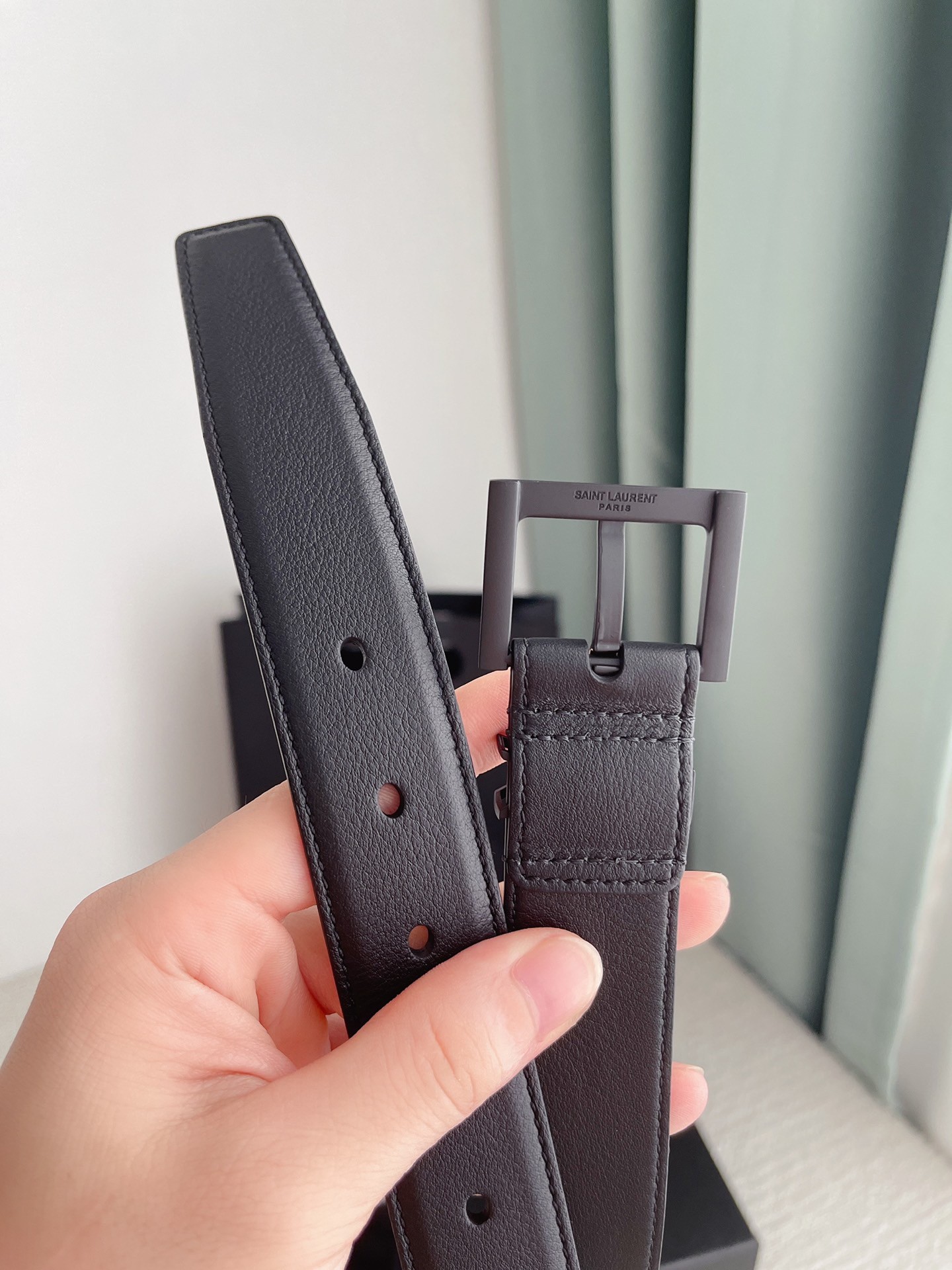 Sa**t Lau*nt cassandre square buckle belt 30mm in all black leather