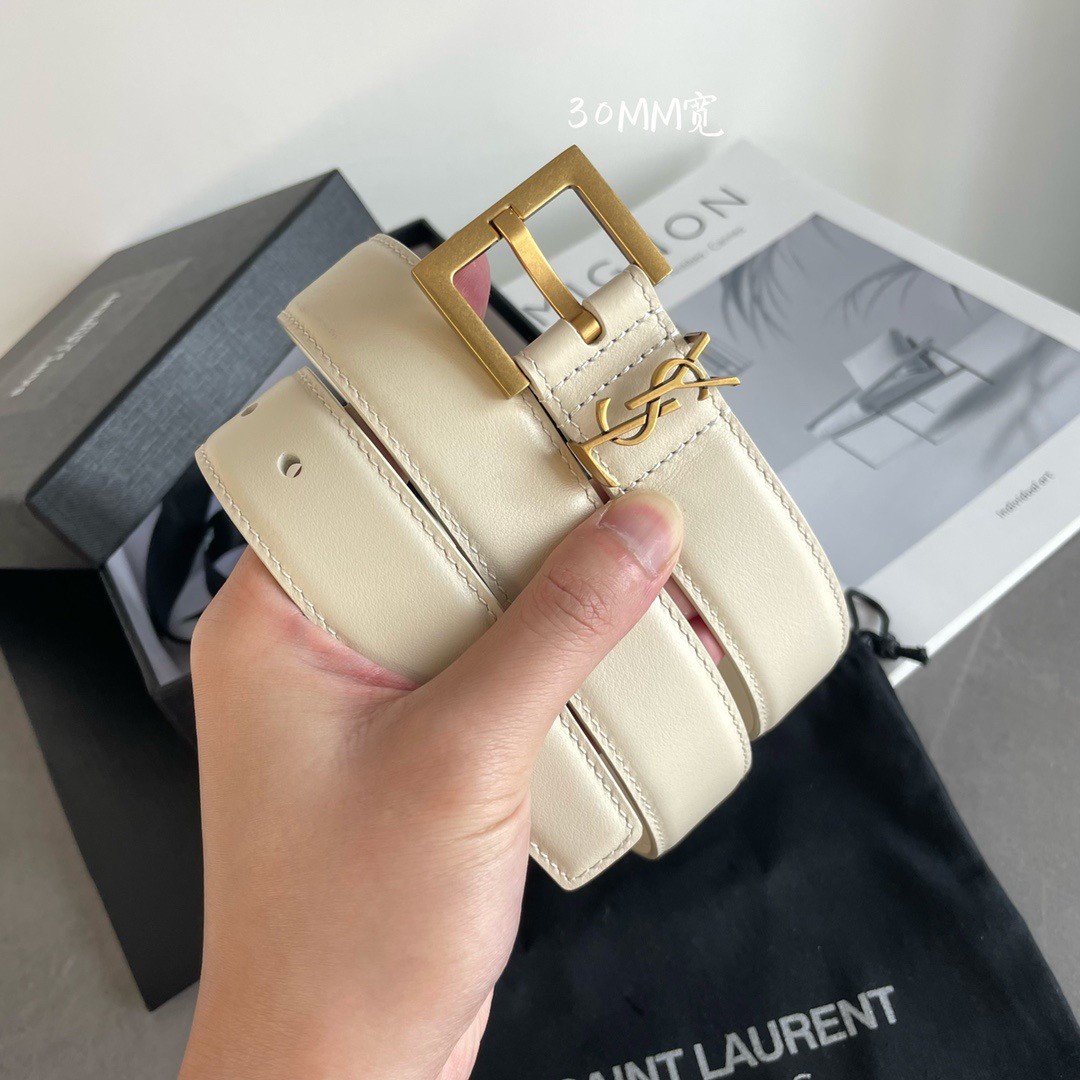 Sa**t Lau*nt cassandre square buckle belt 30mm in white leather