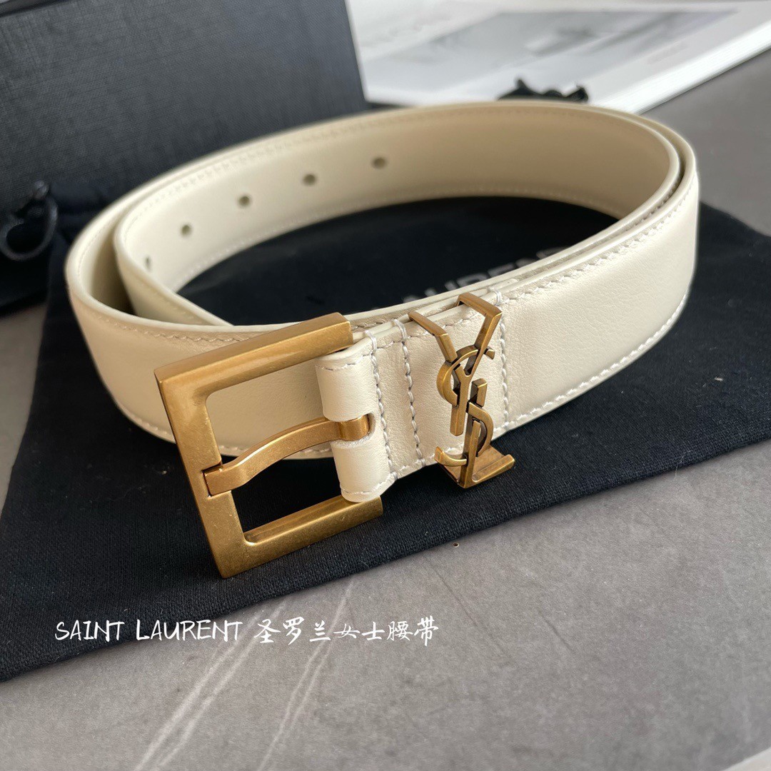 Sa**t Lau*nt cassandre square buckle belt 30mm in white leather