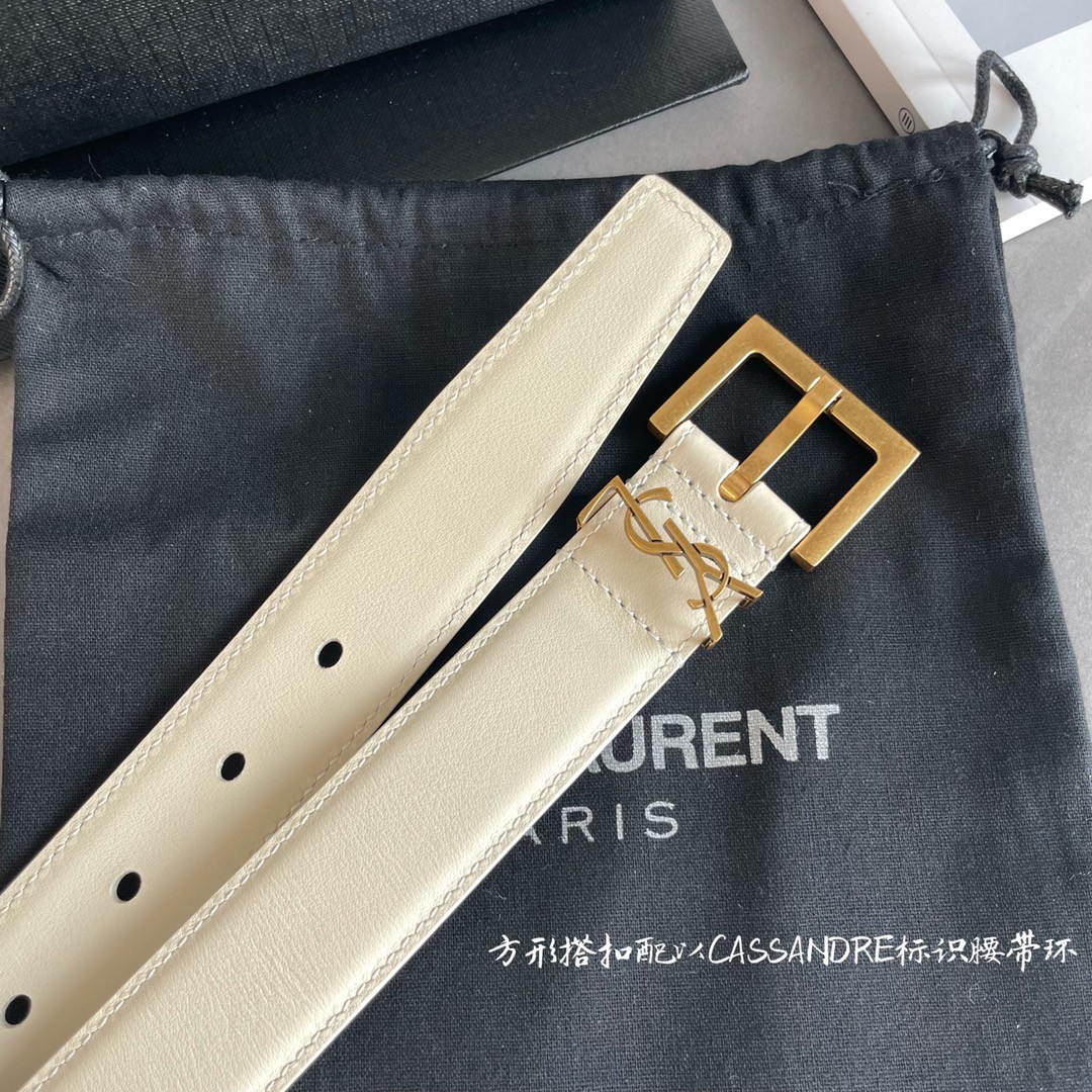 Sa**t Lau*nt cassandre square buckle belt 30mm in white leather