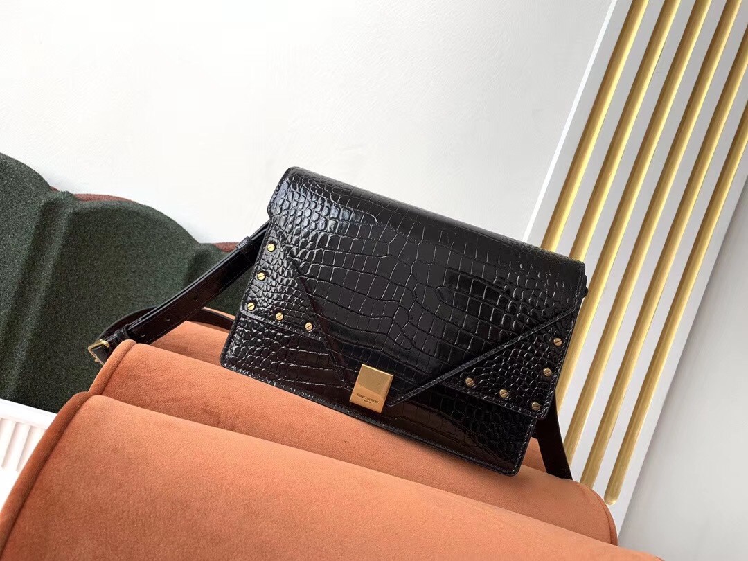 Sa**t Lau*nt margaux satchel in black crocodile embossed leather