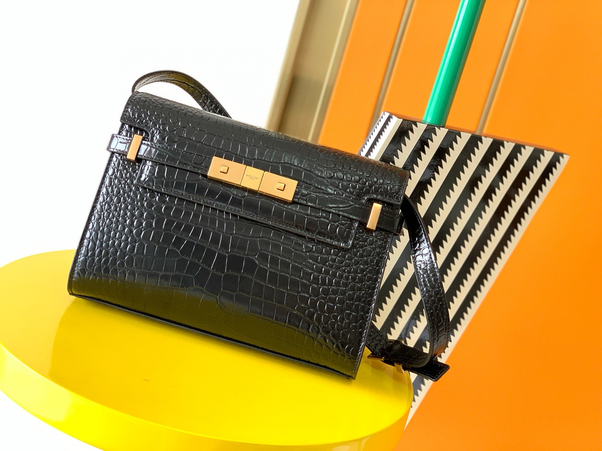 Sa**t Lau*nt manhattan small shoulder bag in black crocodile embossed calfskin