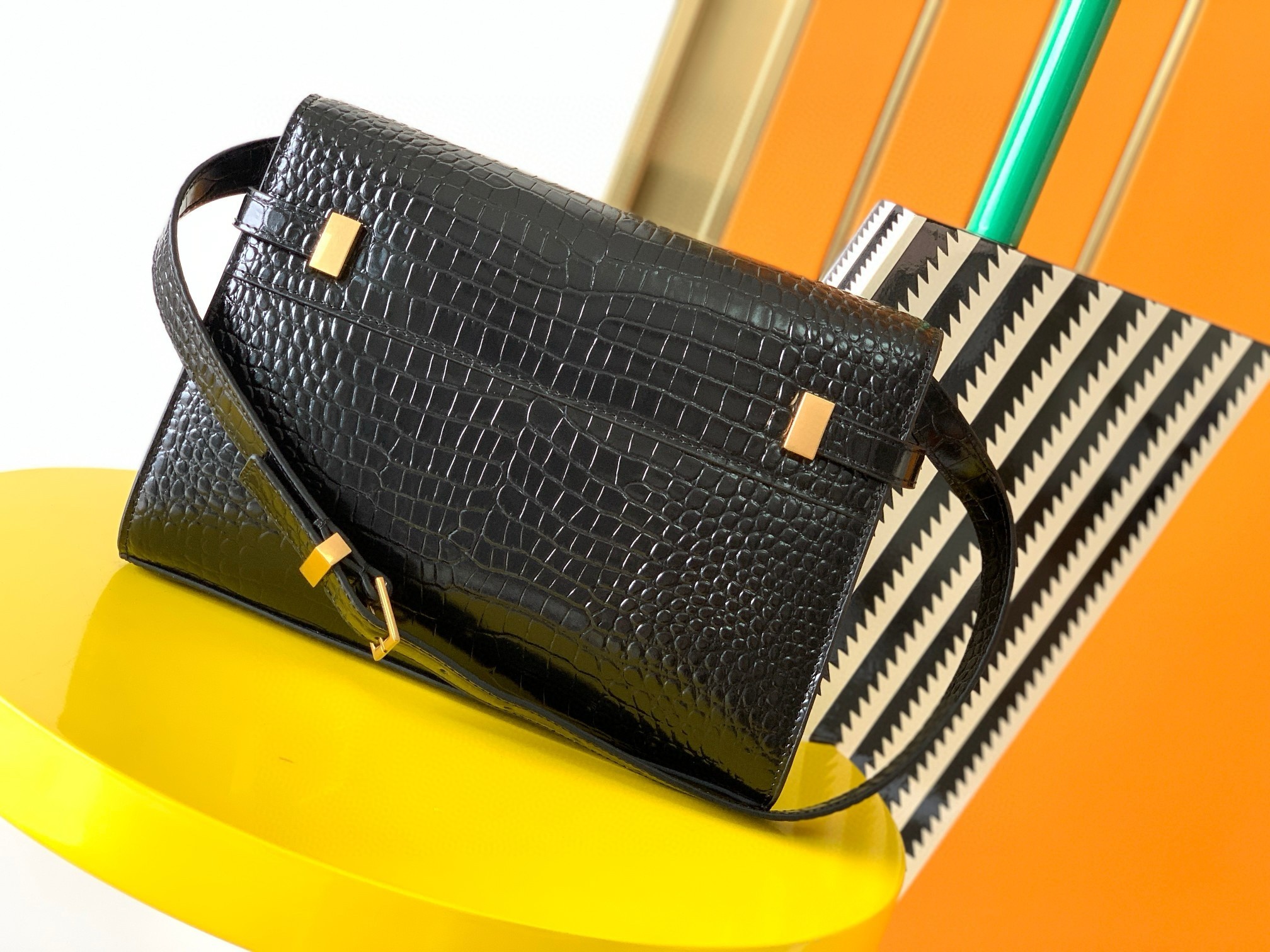 Sa**t Lau*nt manhattan small shoulder bag in black crocodile embossed calfskin