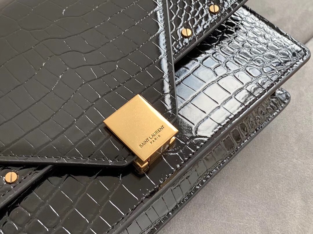 Sa**t Lau*nt margaux satchel in black crocodile embossed leather