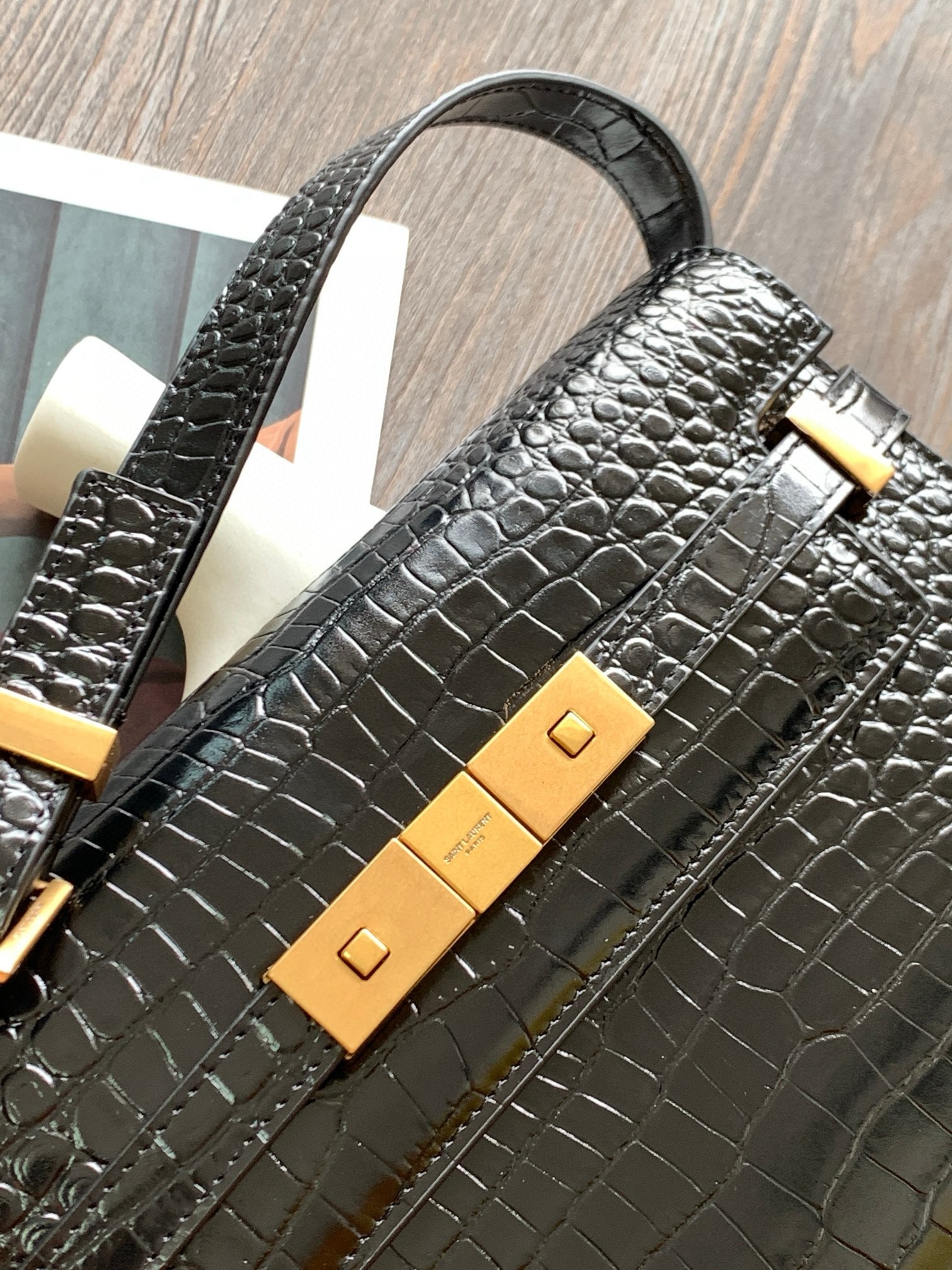 Sa**t Lau*nt manhattan small shoulder bag in black crocodile embossed calfskin