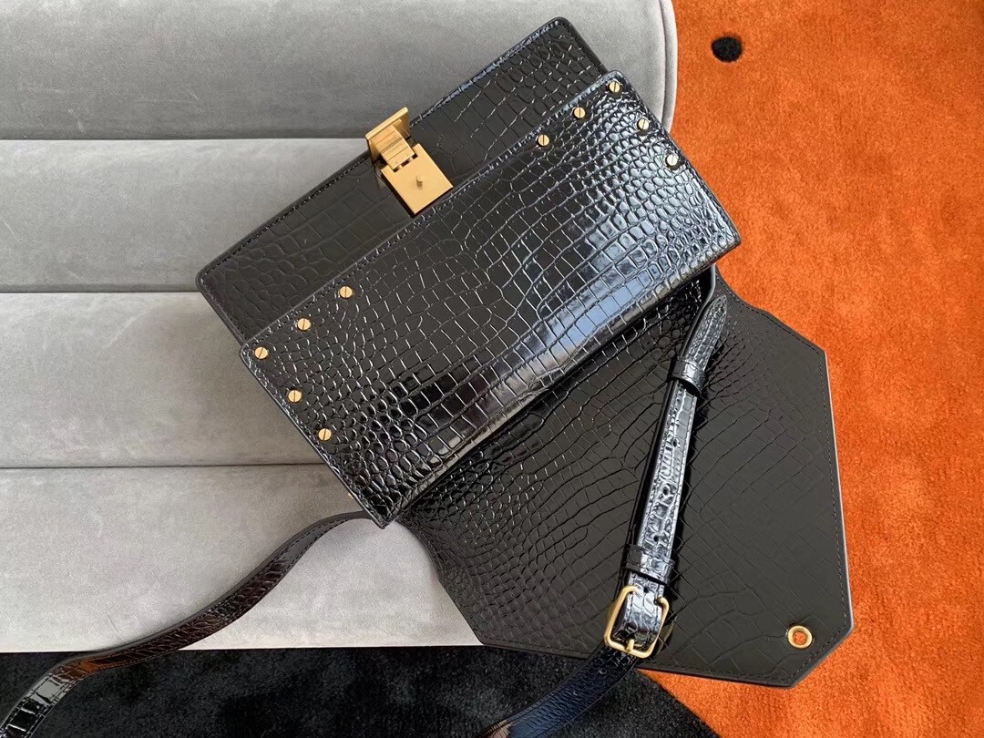 Sa**t Lau*nt margaux satchel in black crocodile embossed leather