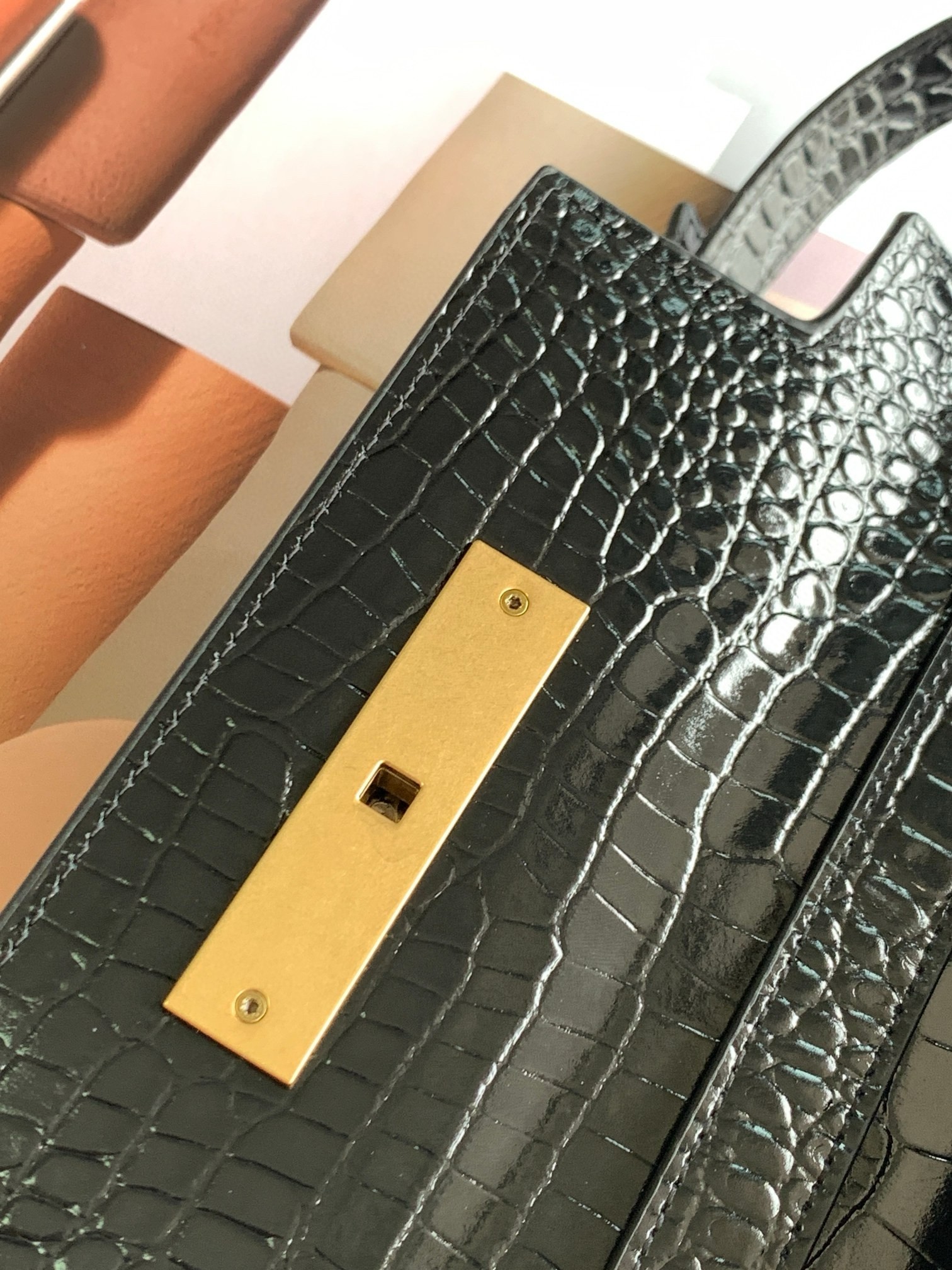 Sa**t Lau*nt manhattan small shoulder bag in black crocodile embossed calfskin