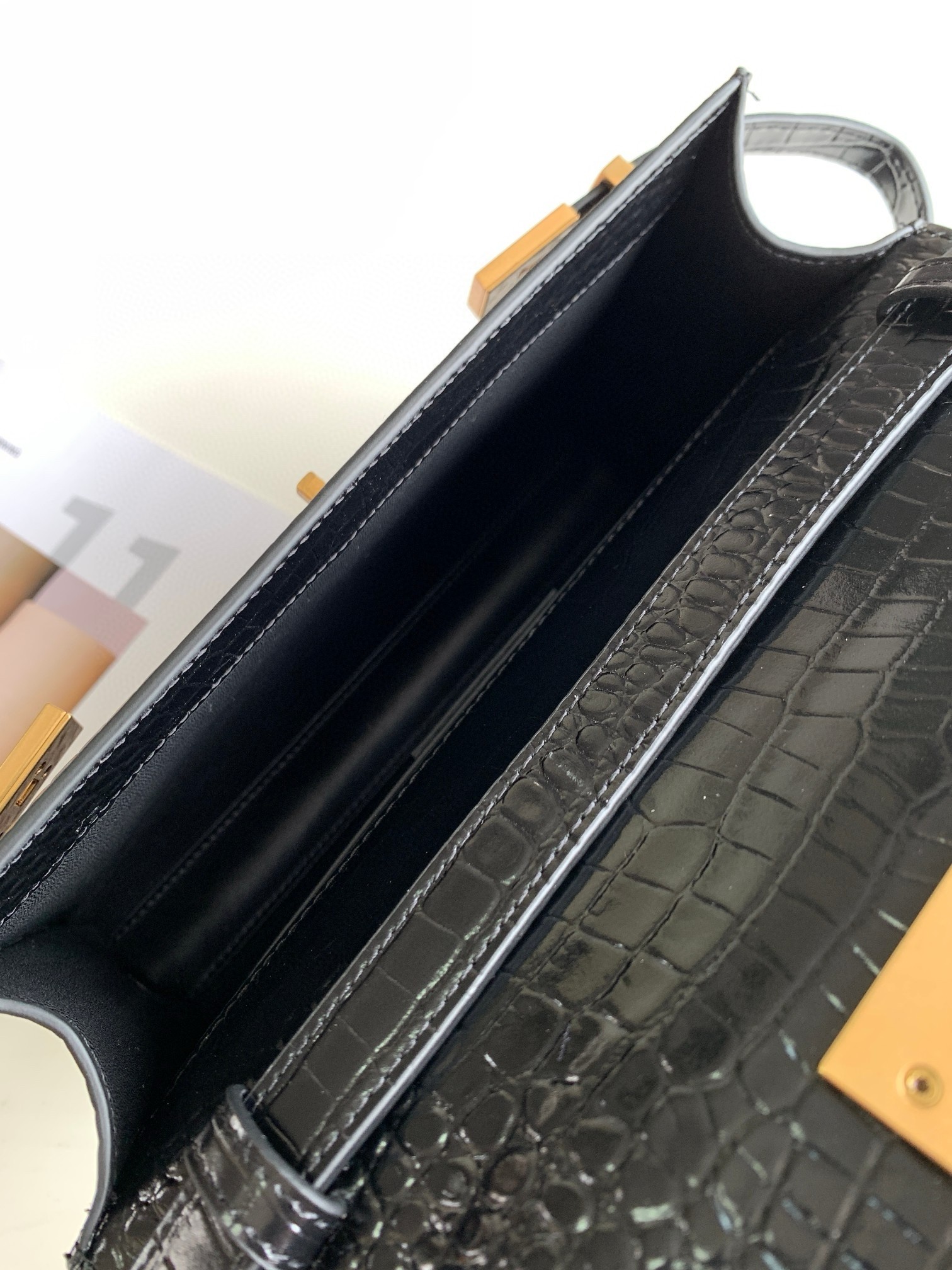 Sa**t Lau*nt manhattan small shoulder bag in black crocodile embossed calfskin