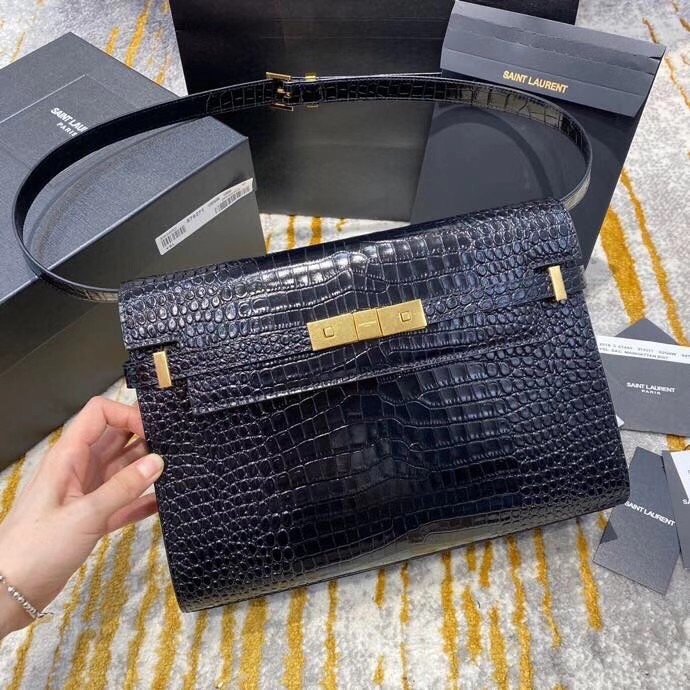 Sa**t Lau*nt manhattan shoulder bag in black crocodile embossed leather