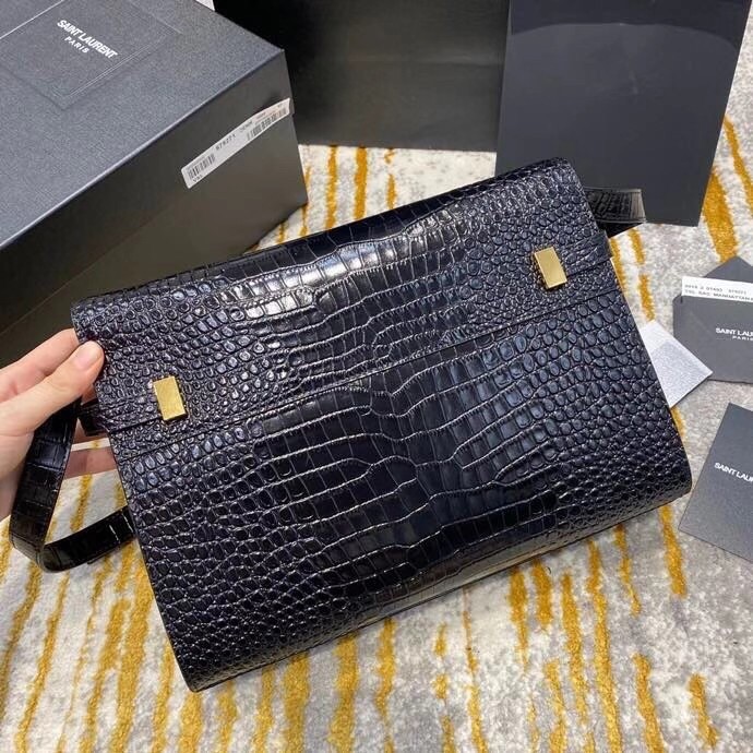 Sa**t Lau*nt manhattan shoulder bag in black crocodile embossed leather