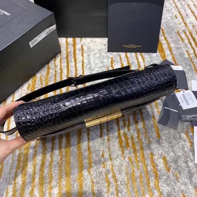Sa**t Lau*nt manhattan shoulder bag in black crocodile embossed leather