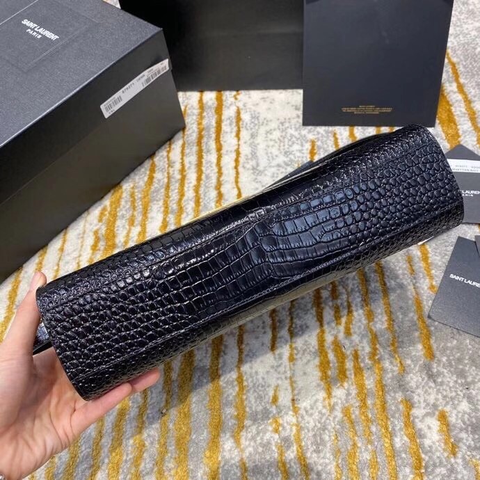 Sa**t Lau*nt manhattan shoulder bag in black crocodile embossed leather