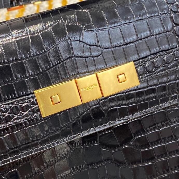 Sa**t Lau*nt manhattan shoulder bag in black crocodile embossed leather