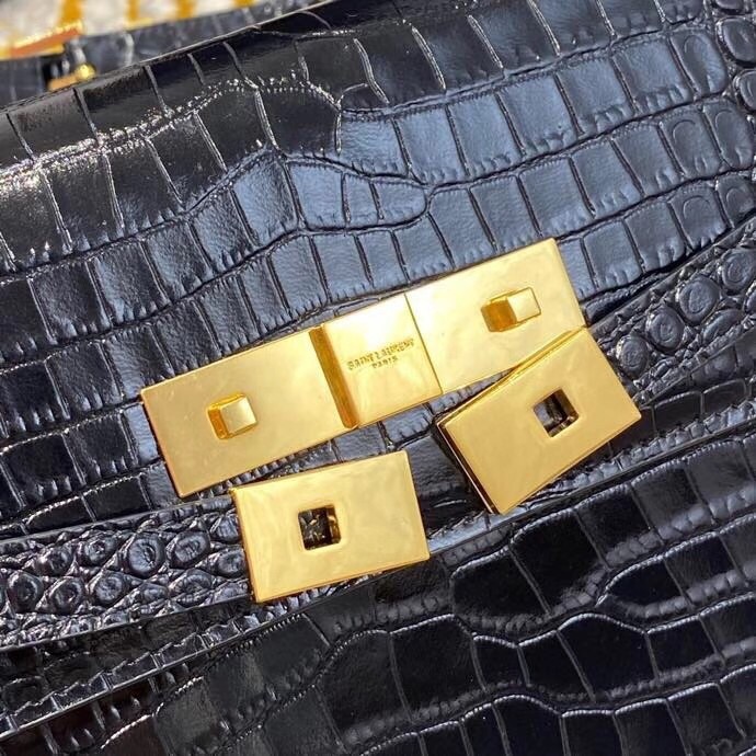 Sa**t Lau*nt manhattan shoulder bag in black crocodile embossed leather
