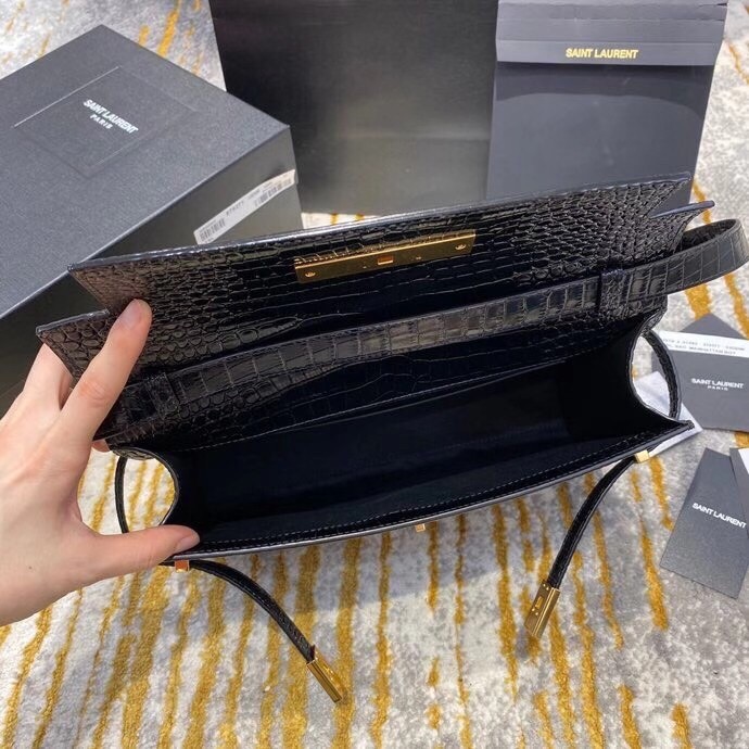 Sa**t Lau*nt manhattan shoulder bag in black crocodile embossed leather