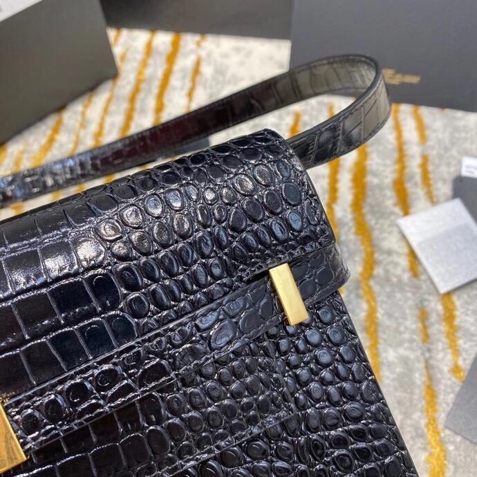 Sa**t Lau*nt manhattan shoulder bag in black crocodile embossed leather