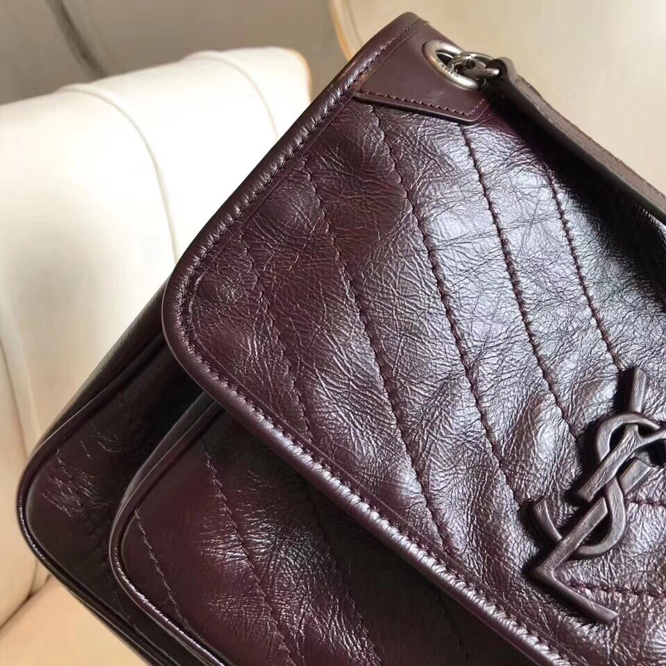 Sa**t Lau*nt medium niki bag in bordeaux crinkled leather