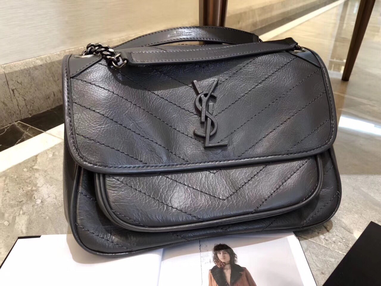 Sa**t Lau*nt medium niki bag in storm gray crinkled leather