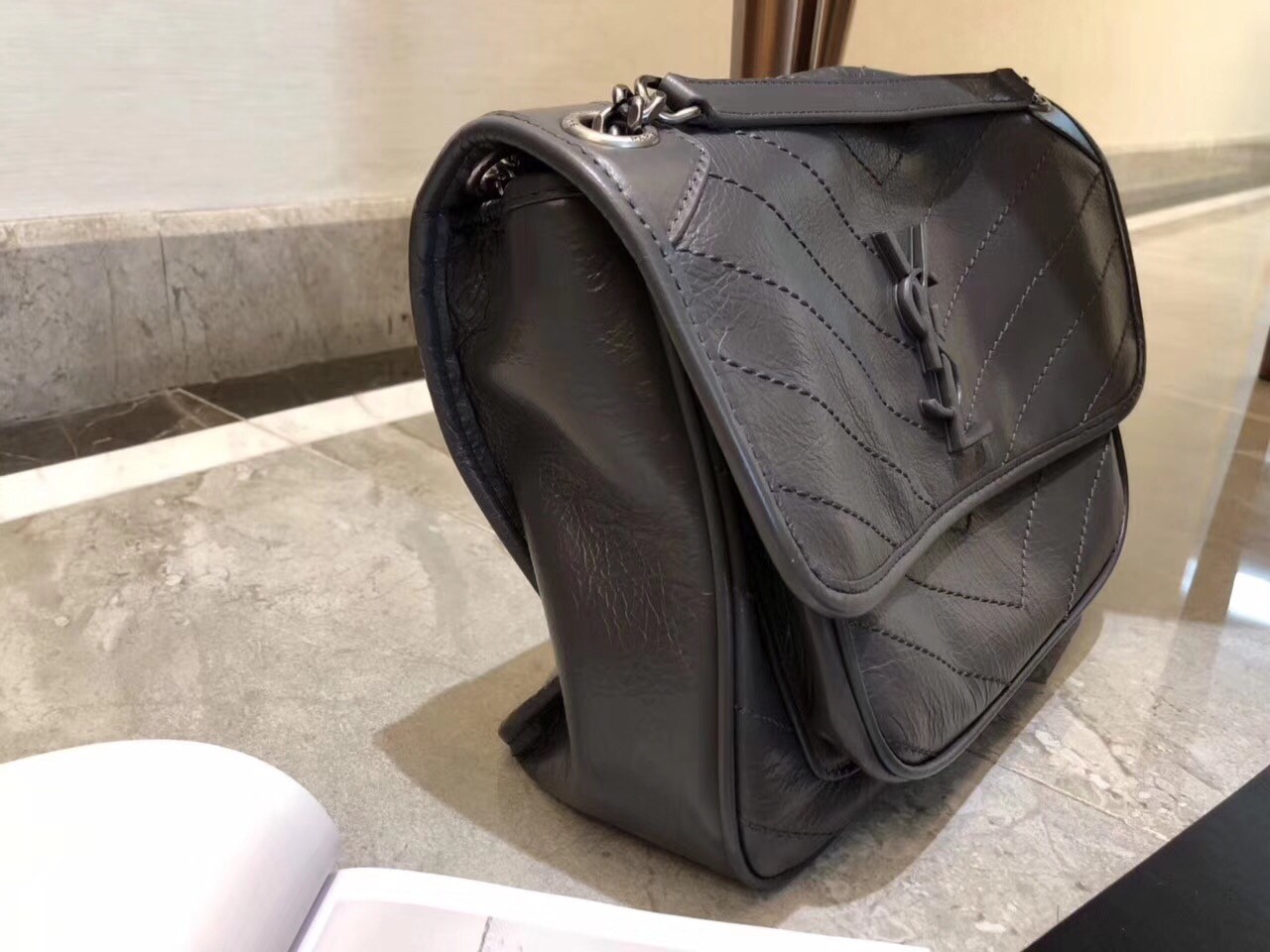 Sa**t Lau*nt medium niki bag in storm gray crinkled leather