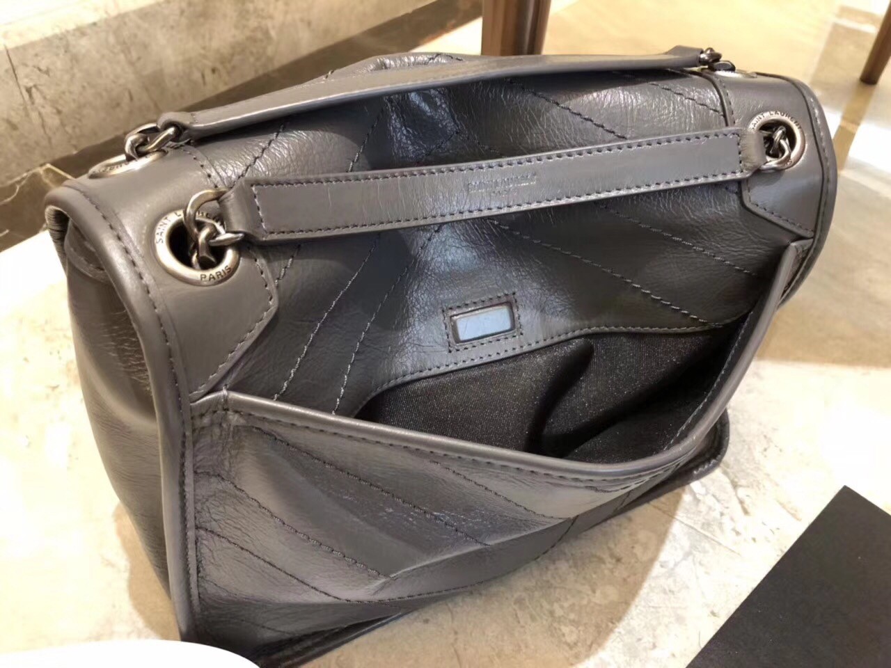Sa**t Lau*nt medium niki bag in storm gray crinkled leather